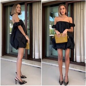 ZARA Off Shoulder TAFFETA Black Mini Balloon Dress